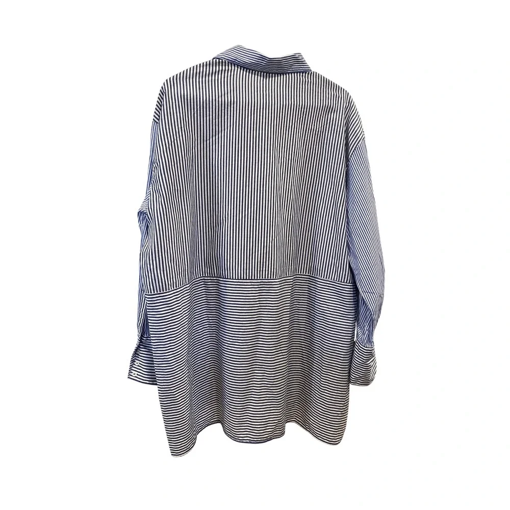 Free People Striped Button Down Shirt Oversized Blue White Long‎ Sleeve Size S